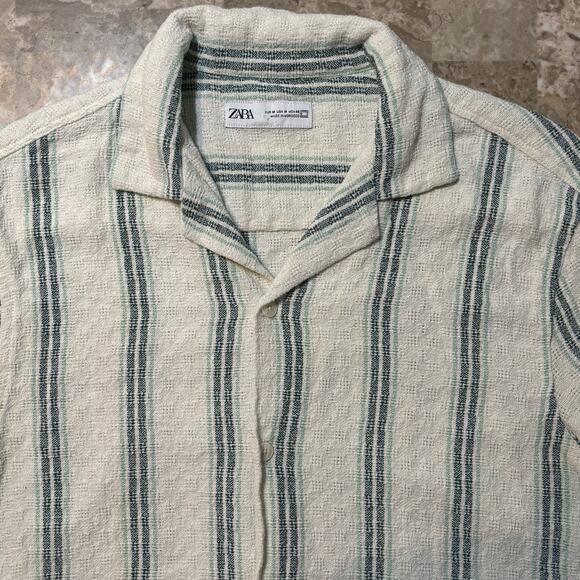 Zara Shirt Mens Medium Blue White Short Sleeve Camp Johnny Collar Knit Beach - Picture 1 of 8